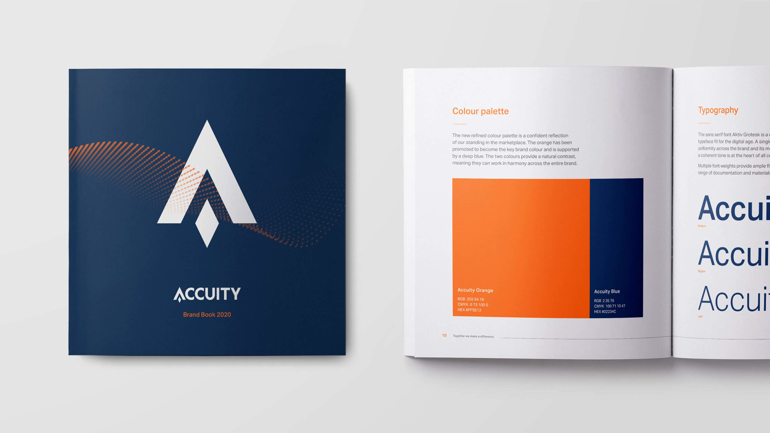 A branded Accuity brochure displaying it's cover and internal colour and typography spread
