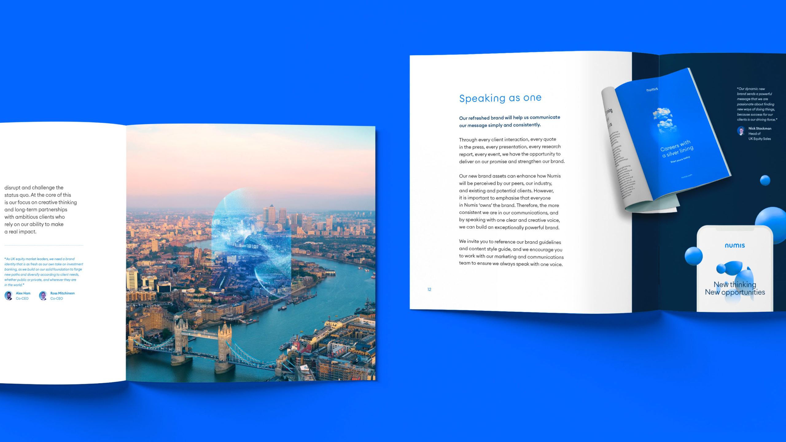 Two brand vision book internal spreads on a blue background