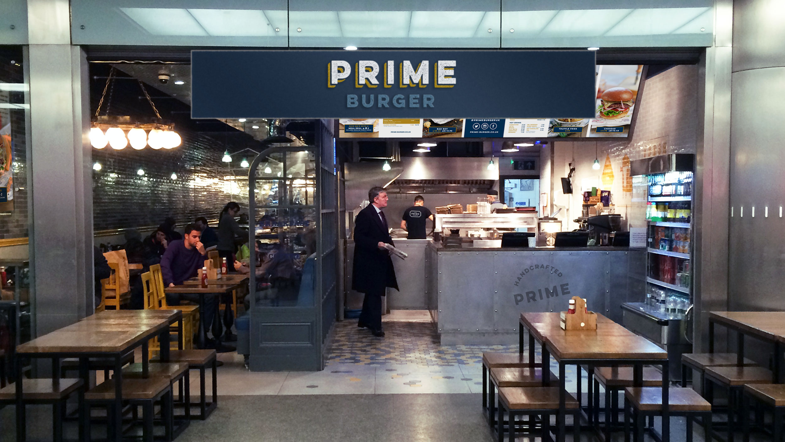 The branded facade of Prime Burger at Kings Cross St Pancras